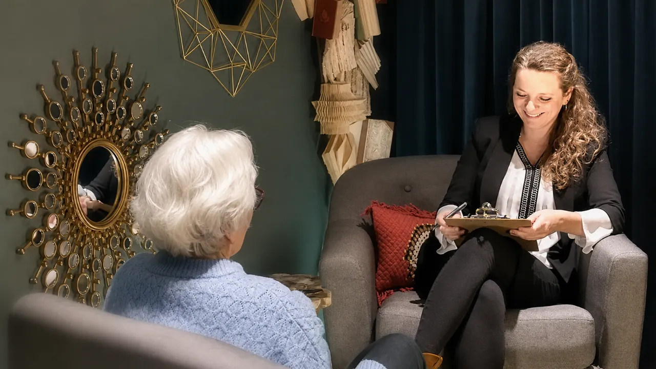 Psykolog Maria Houe giver spirituel og psykologisk samtalesession i hyggelige omgivelser.