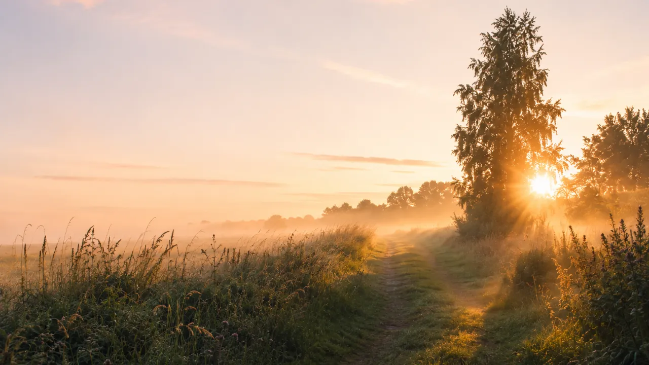 Morgensol gennem træer ved en stille sti i tåget landskab som symbol på at finde tilbage til sig selv.