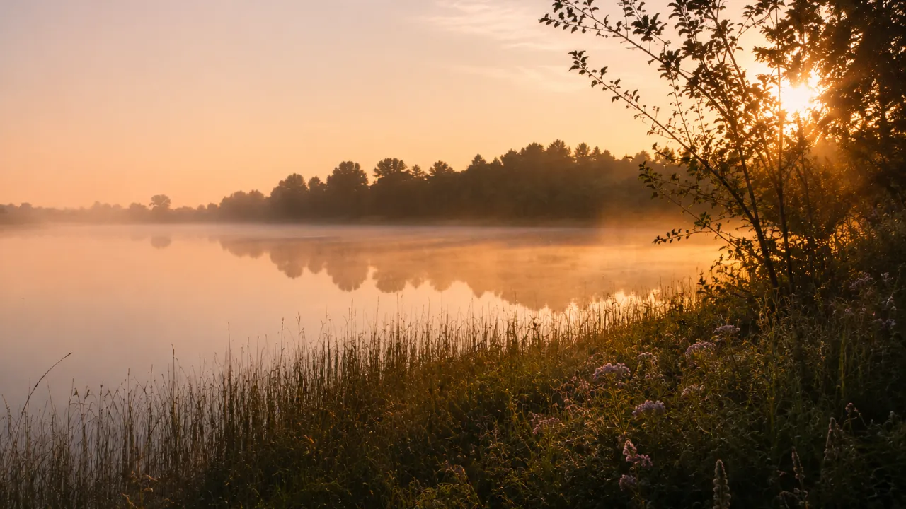 Stille sø i morgensol og tåge, der skaber en rolig stemning af intuition og nærvær.